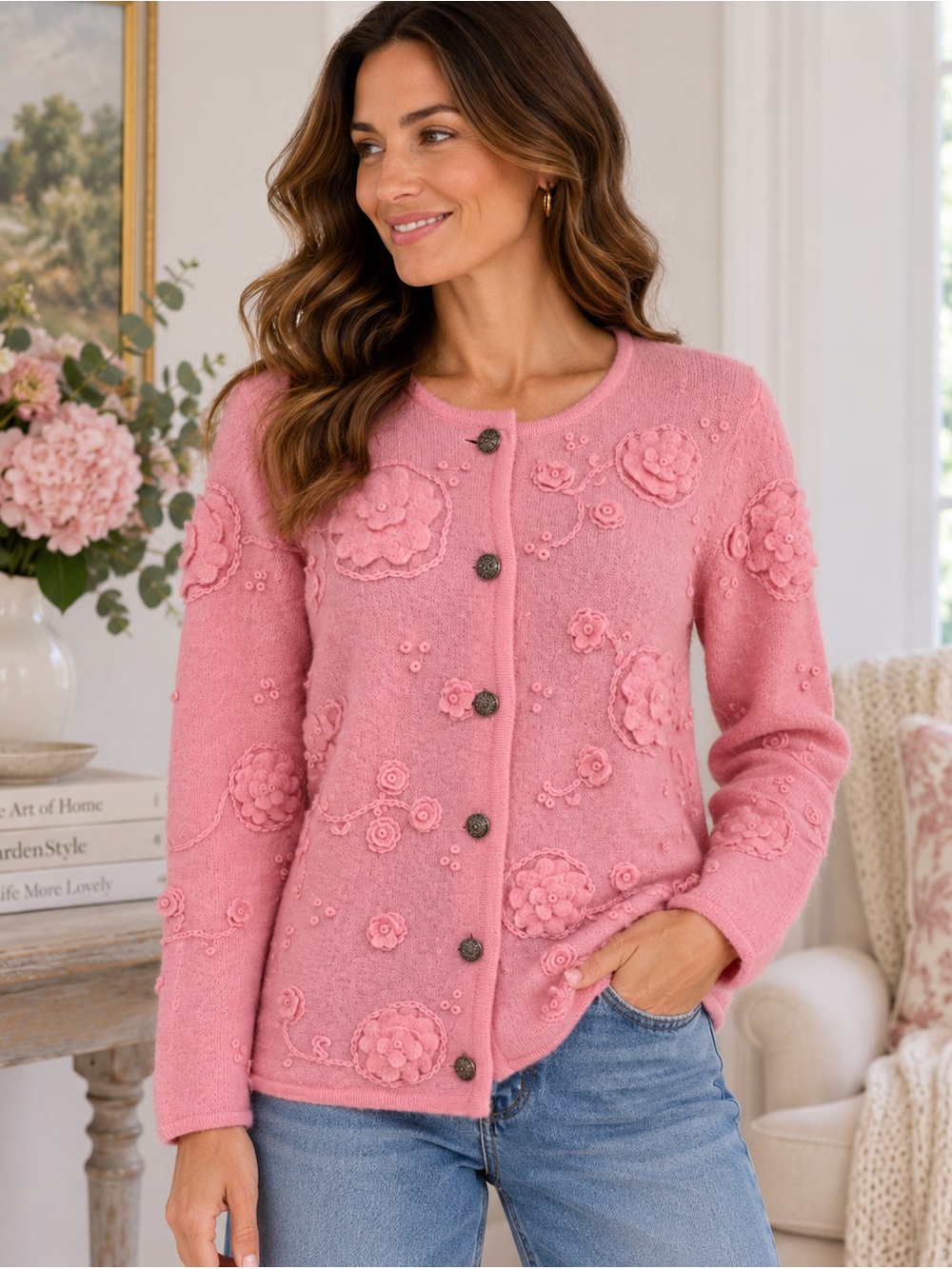 Pink 100% Wool Floral Applique Cardigan Embroidered Cottagecore Petite Large